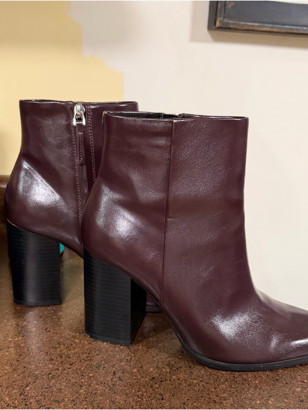 Zara Deep Burgundy Leather Block Heel Ankle Boots
